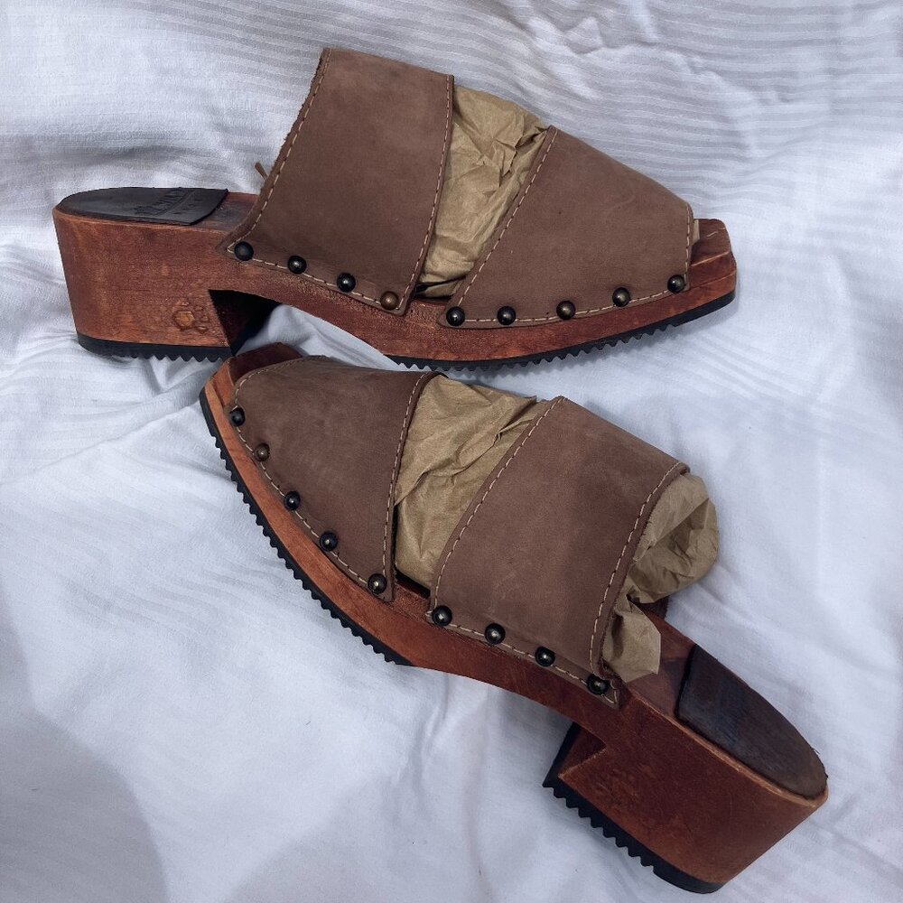 Naot Leather Suede Clog Mules Wood Heel Vintage Women's 8.5